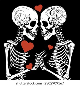 Two human skeletons lovingly embracing each other