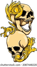 Two Human skull and baroque for tattoo design of illustration