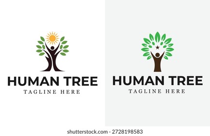 Duas árvores humanas com símbolos de sol e estrela e texto abaixo de verde