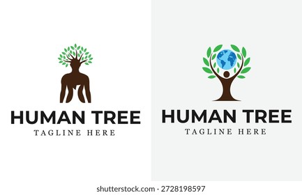 Dos con el árbol humano y el árbol humano del texto con el marcador de posición del lema hojas verdes marrones