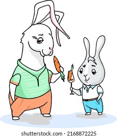 Two humanized cartoon rabbits eat carrots.