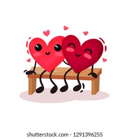 Two humanized hearts sitting on bench and hugging. Adorable couple in love. Flat vector for Valentines day postcard