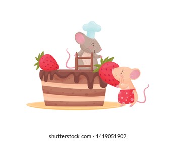 Two humanized mice decorate a piece of cake with strawberries. Vector illustration on white background.