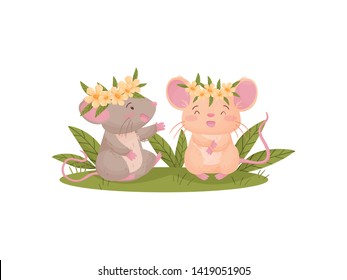 Two humanized mice in flower wreaths. Vector illustration on white background.