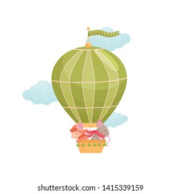 Two humanized mice fly a balloon. Vector illustration on white background.