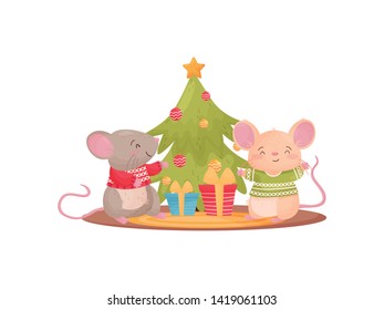 Two humanized mice next to the Christmas tree and gifts. Vector illustration on white background.