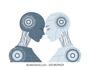 Dos robots hembras humanoides parados juntos, inclinando sus cabezas unos contra otros, aislados en un fondo blanco. Ilustración vectorial plana