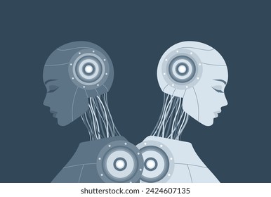 Two humanoid female robots standing with their backs to each other on a dark background. Flat vector illustration