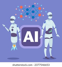 Two humanoid robots vector illustration. Neural connections, AI, digital technology. Machine learning concept