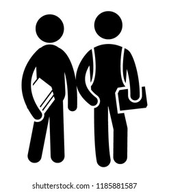 Two humans with bag and book outlining two friends icon 