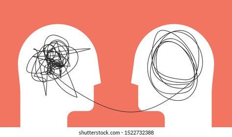 Two humans head silhouette psycho therapy concept. Therapist and patient. Vector illustration for psychologist blog or social media post.