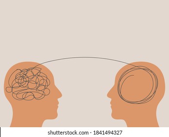 Dos seres humanos cabeza el concepto de silueta psicoterapia. Terapia y paciente. Ilustración vectorial para blog de psicólogos o post en medios sociales.
