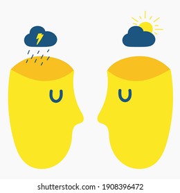 Two humans head silhouette for psycho therapy. Flat illustration for therapist and patient. Mental health vector, depression, storm and clear cloud