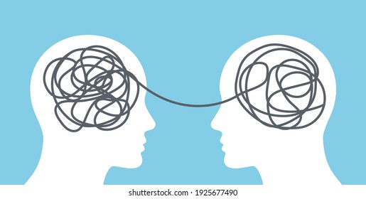 Two humans head silhouette psychotherapy concept. Therapist and patient. Psychologist blog or social media post. Flat style vector illustration.