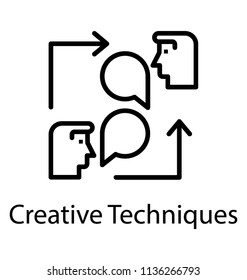 Two humans heads with chat bubbles and arrow signs showing sharing ideas, this is creative techniques icon 