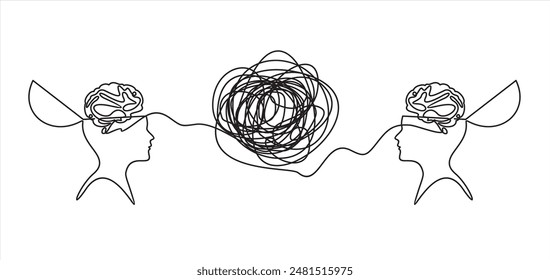 Two humans heads silhouette therapist and patient continuous one line symbol drawing. Mental health. Psychotherapy session concept. Doodle style vector illustration with editable stroke