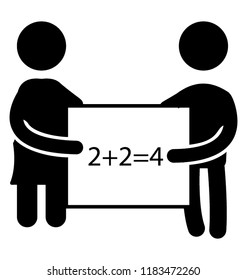 Two humans holding board with mathematical expressions notioning to the icon of school project icon 