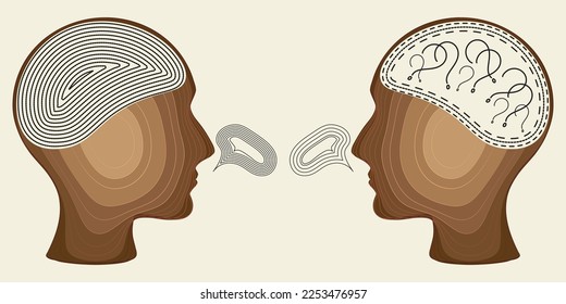 Two humans line design head silhouette psycho therapy concept. Therapist and patient. Vector illustration for psychologist blog or social media post. Mental health care. 