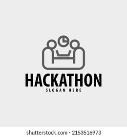Two humans operate each computers and a clock line art vector logo. Logo for hackathon, coding festival, programming, information technology, and courses.