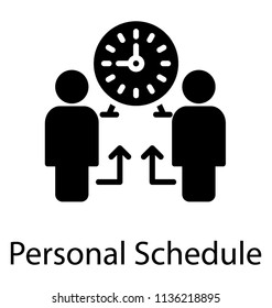 Two humans pointing towards a clock in wall, evaluating concept for personal schedule icon