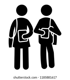 Two humans sanding with bag and books representing schoolmates icon 