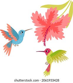 Dos colibríes con ilustración vectorial de flores