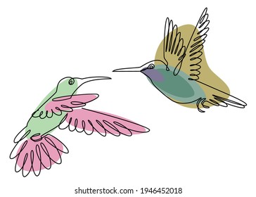 Two hummingbirds are flying. Birds in a modern one line style. Solid line, outline for decor, posters, stickers, logo. Vector illustration.