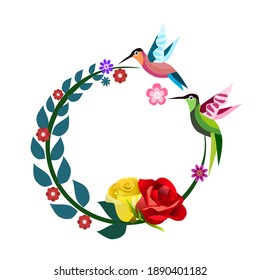 Two hummingbirds are flying over a branch bent in a circular shape. With flowers on the branches.llustration of stylized hummingbird drinking nectar from the flower.Floral wreath with leaves.