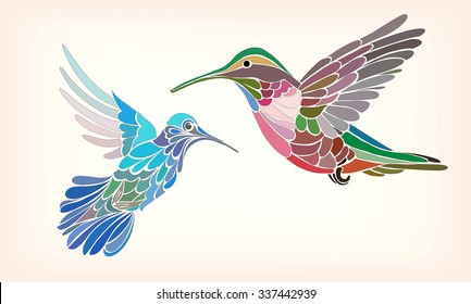 Two hummingbirds in stylized vector illustration