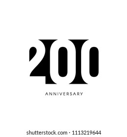 Two hundred anniversary, minimalistic logo. Two-hundredth years, 200th jubilee, greeting card. Birthday invitation. 200 year sign. Black negative space vector illustration on white background