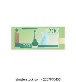 Two hundred rubles banknote, cash money of Russia. Vector illustration of paper currency and banknote. Cartoon design of two hundred Russian rubles isolated on white background. Bank, finance