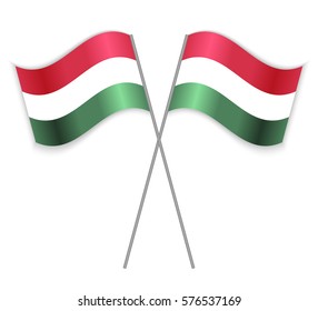 Two Hungarian crossed flags. Combined Hungary isolated on white. Language learning, international business or travel concept.
