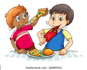 Two hungry boys eating on a white background