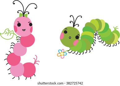 Two hungry caterpillars. Caterpillars icons. Cartoon vector illustration 