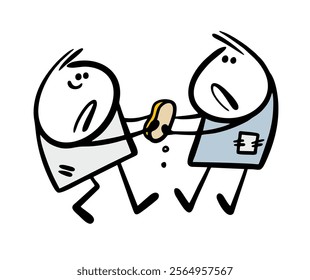 Two hungry homeless people are fighting over a piece of bread. Vector illustration of poor people who want to eat. Unemployed unhappy cartoon teenagers on the street pulling food.