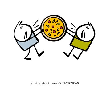 Duas crianças mal educadas famintas estão comendo pizza. Ilustração vetorial de uma luta entre adolescentes em um restaurante italiano. Amigos compartilham uma comida deliciosa no almoço em um café.