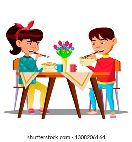 Two Hungry Little Asian Kids At The Table Eating Spaghetti, Pasta Vector. Isolated Illustration