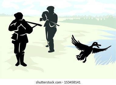 Two hunters shooting at duck. Vector.