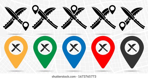 Dos iconos de la navaja de caza en el conjunto de ubicaciones. Glifo simple, elemento de ilustración plana de iconos de tema del campamento