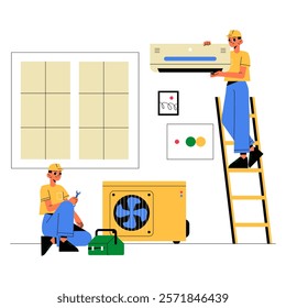 Two HVAC Technicians Installing Air Conditioning System In Flat Vector Illustration Symbolizing Cooling Equipment Setup And Maintenance, Isolated On White Background