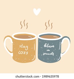 Two Hygge Love Couple Heart Cups Of Hot Tea Or Coffee In Yellow And Blue Colors Doodle Vector Hand Drawn Flat Cartoon Style Illustration