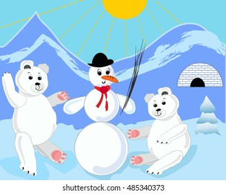 Two ice bears building a snowman. Little cute ice bear. Ice bear illustration. Ice bear in ice mountain. Ice bear playing by igloo. Beautiful snowman. Ice bears in ice landscape.