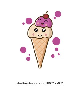Two ice cream balls melting on a waffle cone isolated on a pure white background. Vector flat line icon. Comic character in cartoon style illustration for t-shirt design