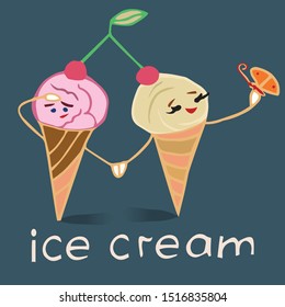 Two ice cream with berries on the top of the head with a butterfly on his hand. Cartoon