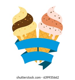 Two ice cream with a blue ribbons wrapping. Vector illustration and isolated object.