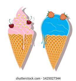 Two ice cream cones with blue and red ice cream, strawberries and cherries, vector, color drawing or illustration. eps