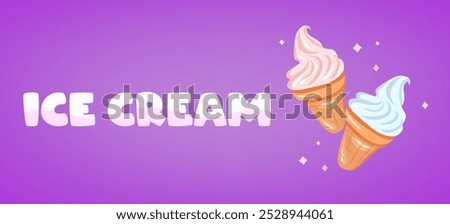 Two ice cream cones flavors, with bold text in a frame on a light purple background to celebrate National Ice Cream Cone Day .