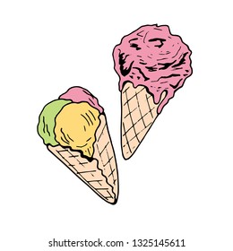Two ice cream cones. Isolated objects on white background.