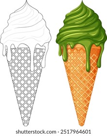 Dos conos de helado, uno coloreado, uno delineado