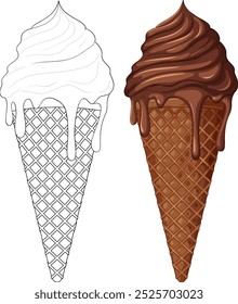 Two ice cream cones, one colored, one outlined
